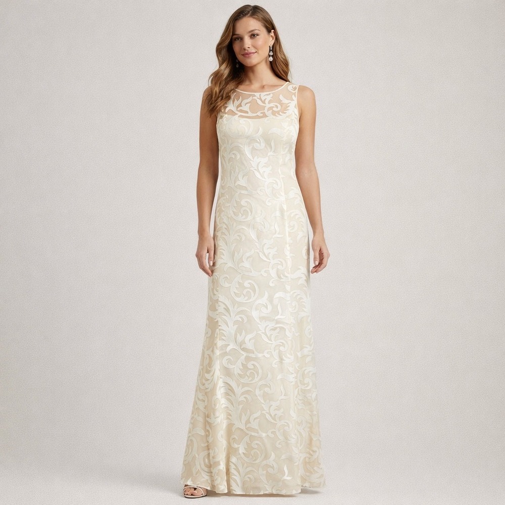 Lauren Ralph Lauren Formal Gown Women 6 Ivory Illusion Scroll Maxi Elegant Gala